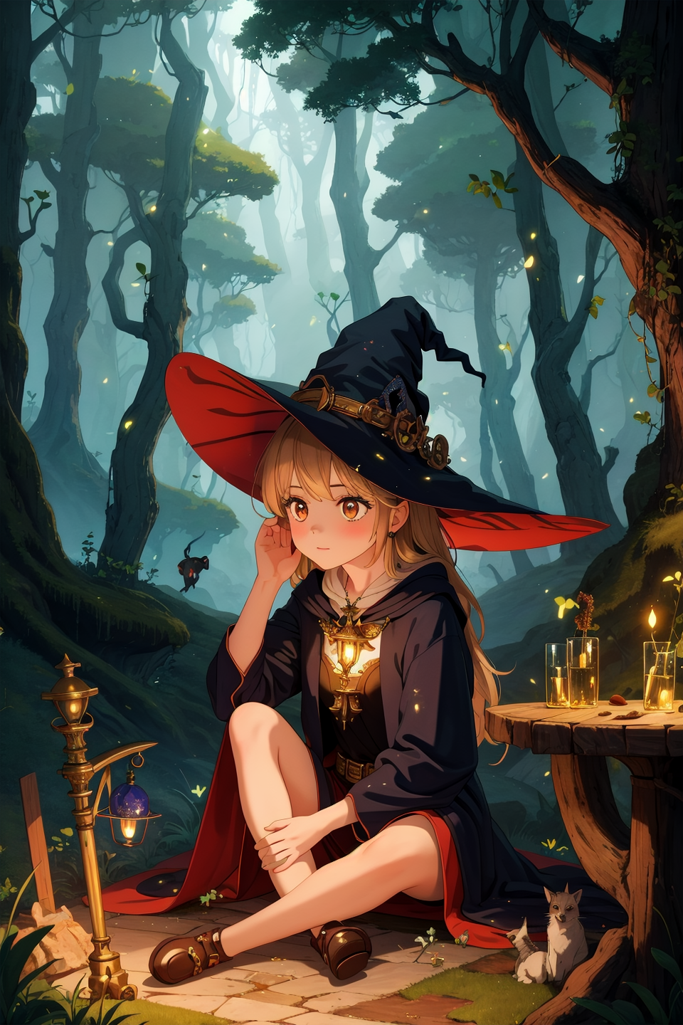 masterpiece,best quality,1girl,sitting,nature,witch,lab,magical,fantasy,illumination